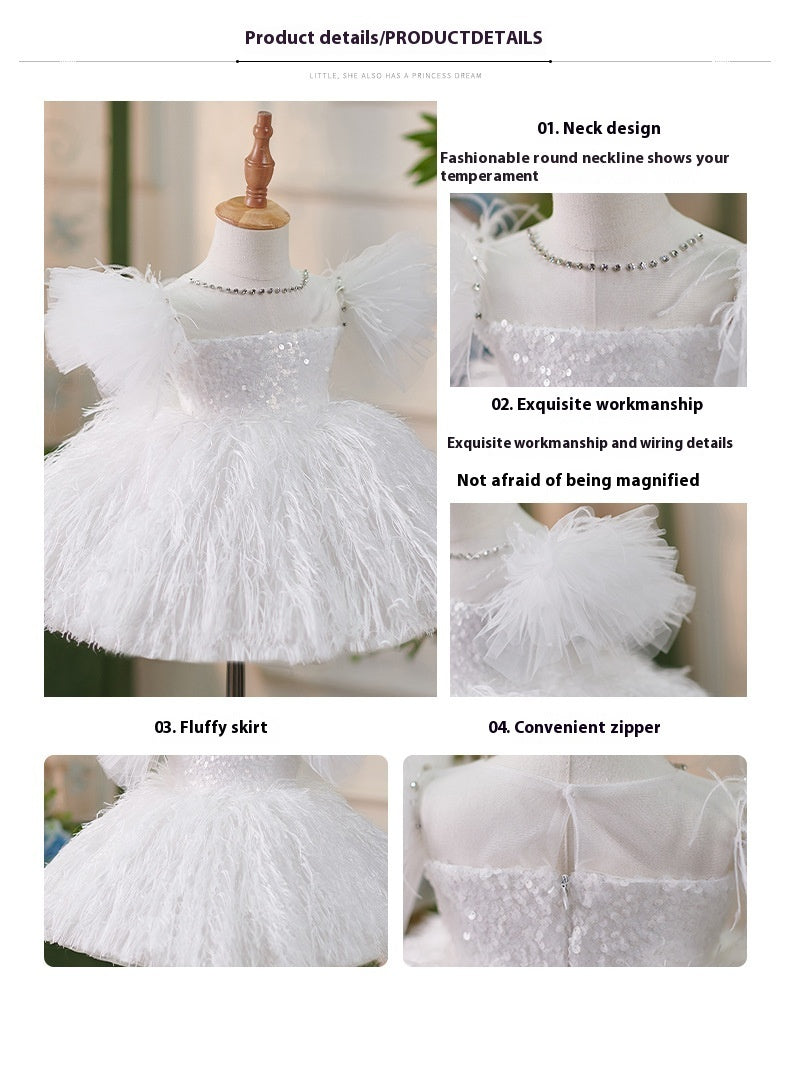 Girls Sequins White Flying Sleeves Feather Dress