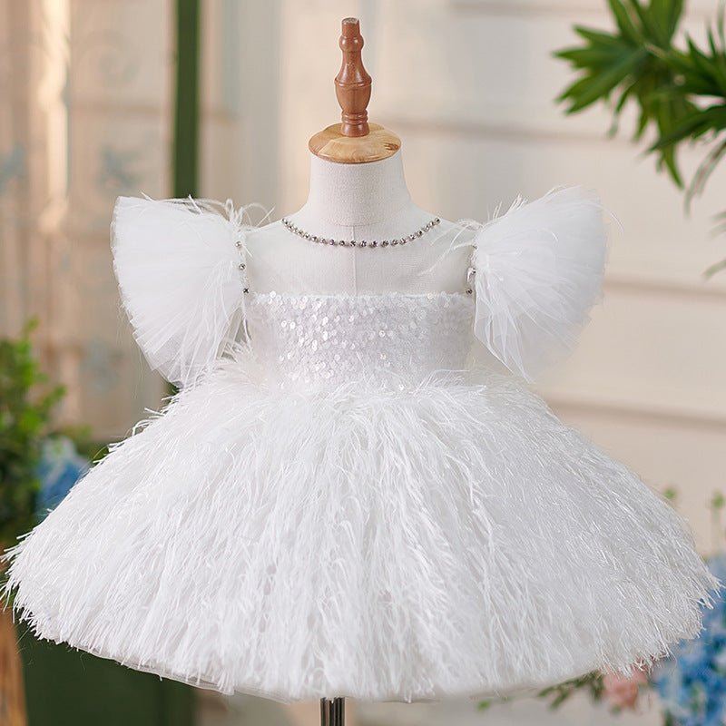 Girls Sequins White Flying Sleeves Feather Dress